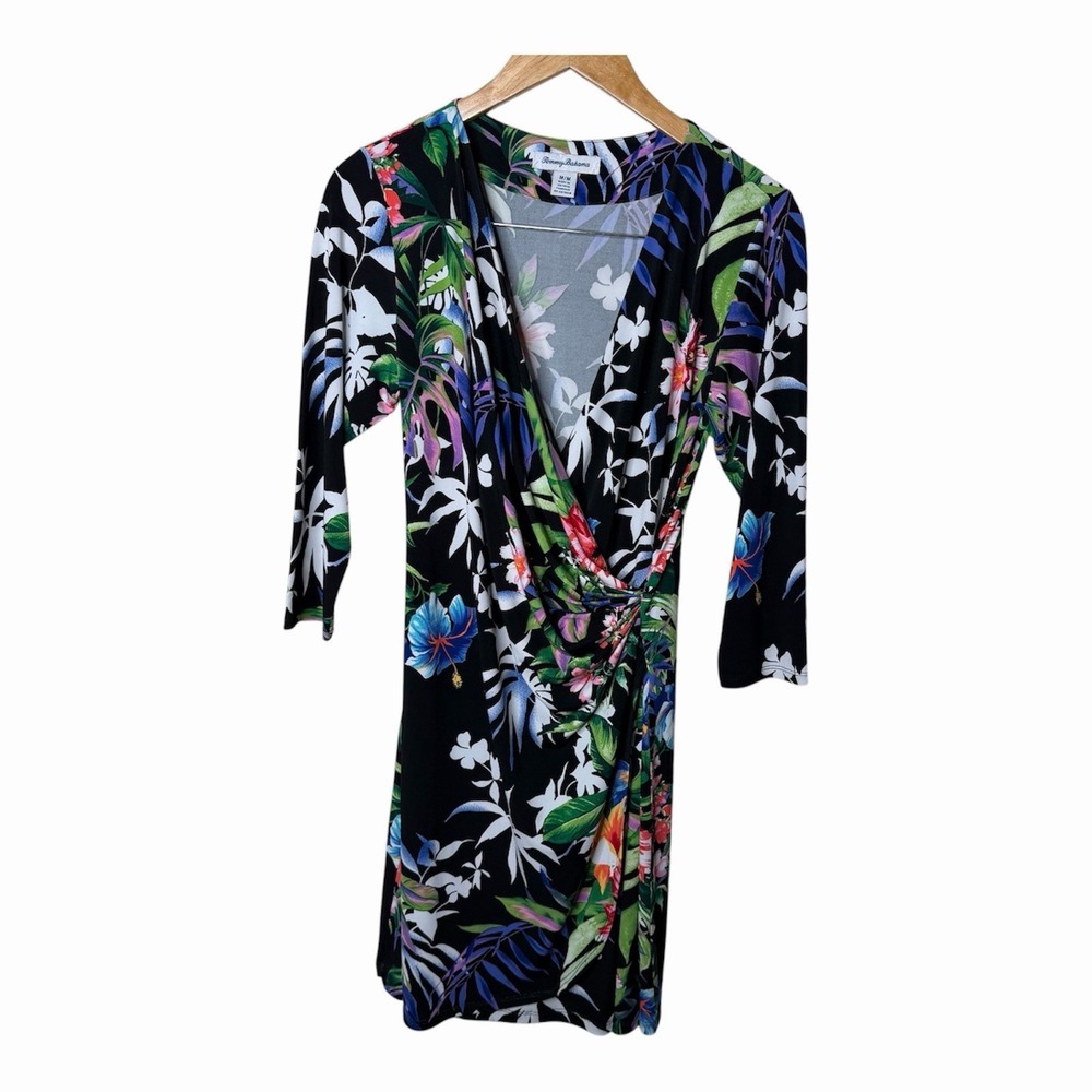 Tommy Bahama Woman's Medium Hermosa Floral Faux Wrap Dress Hawaiian Sheath Black